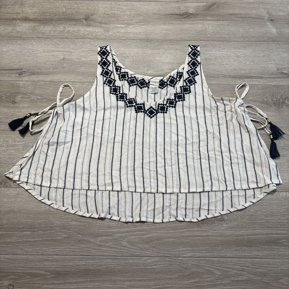 LSPACE Embroidered Boho Striped Navy White Cropped Beach Coverup Blouse Tassel M